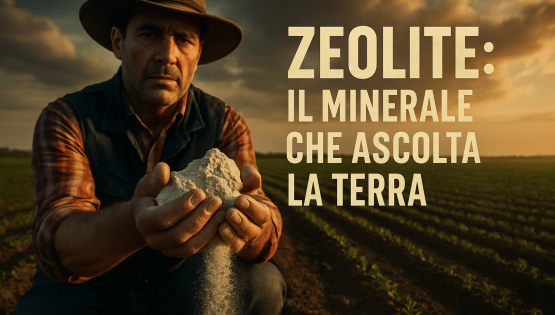 Immagine cinematografica magnetica che rappresenta il manifesto della Zeolite Micronizzata come simbolo di agricoltura naturale, resiliente e sostenibile.
